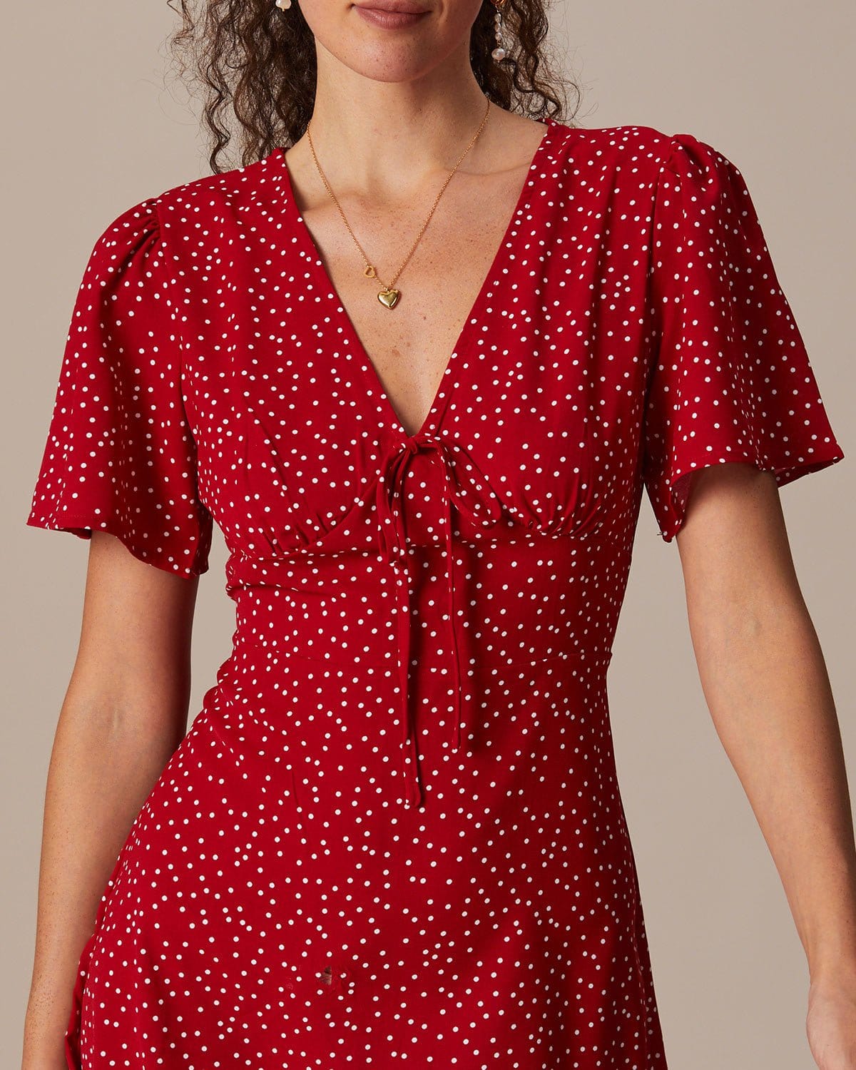 Red V Neck Polka Dot Ruffle Mini Dress