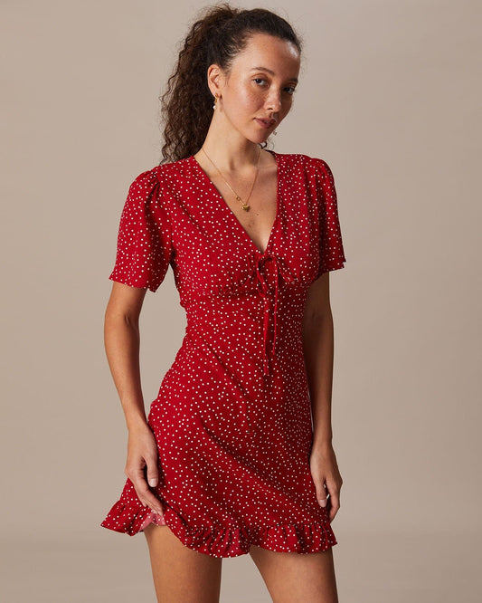 Red V Neck Polka Dot Ruffle Mini Dress