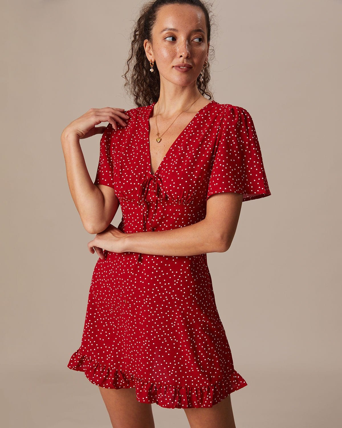 Red V Neck Polka Dot Ruffle Mini Dress
