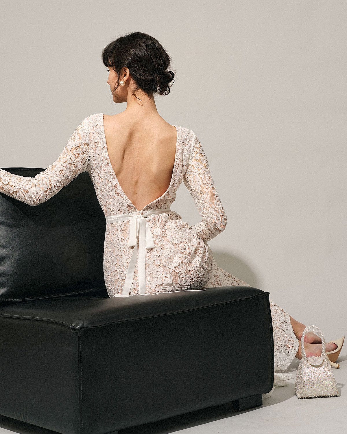 White lace long sleeve backless dress
