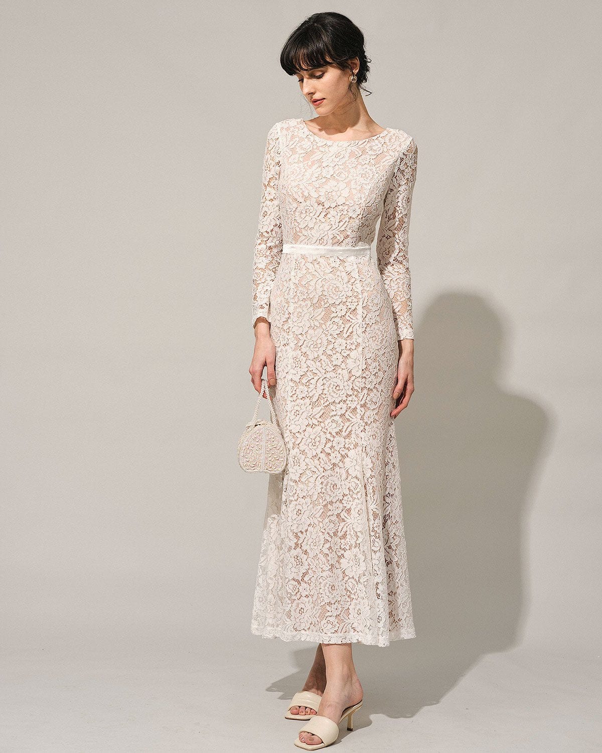 White lace long sleeve backless dress