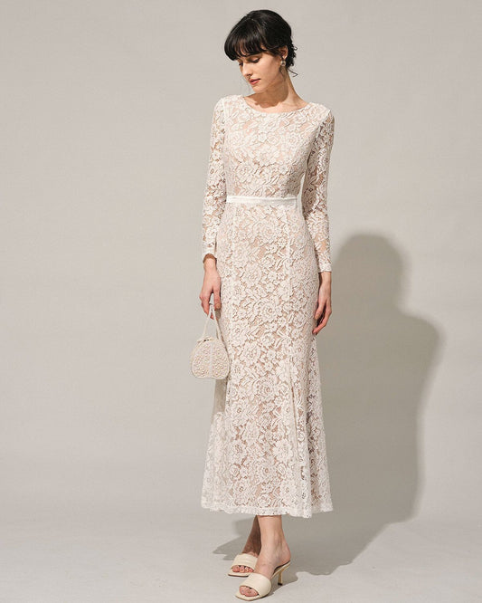 White lace long sleeve backless dress