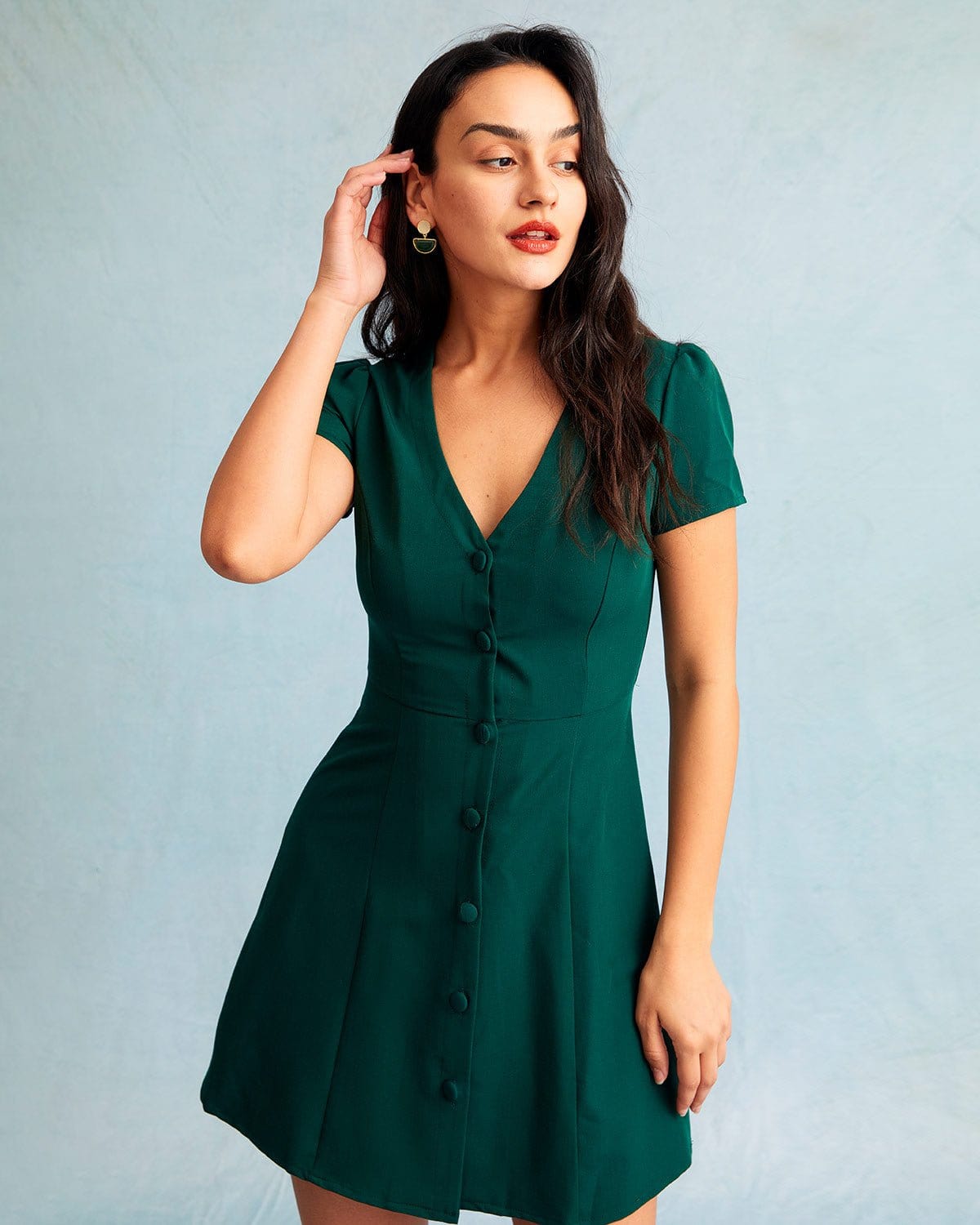Dark Green V Neck Button Shirt Mini Dress