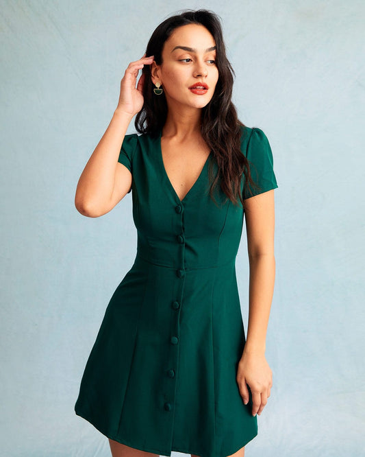 Dark Green V Neck Button Shirt Mini Dress