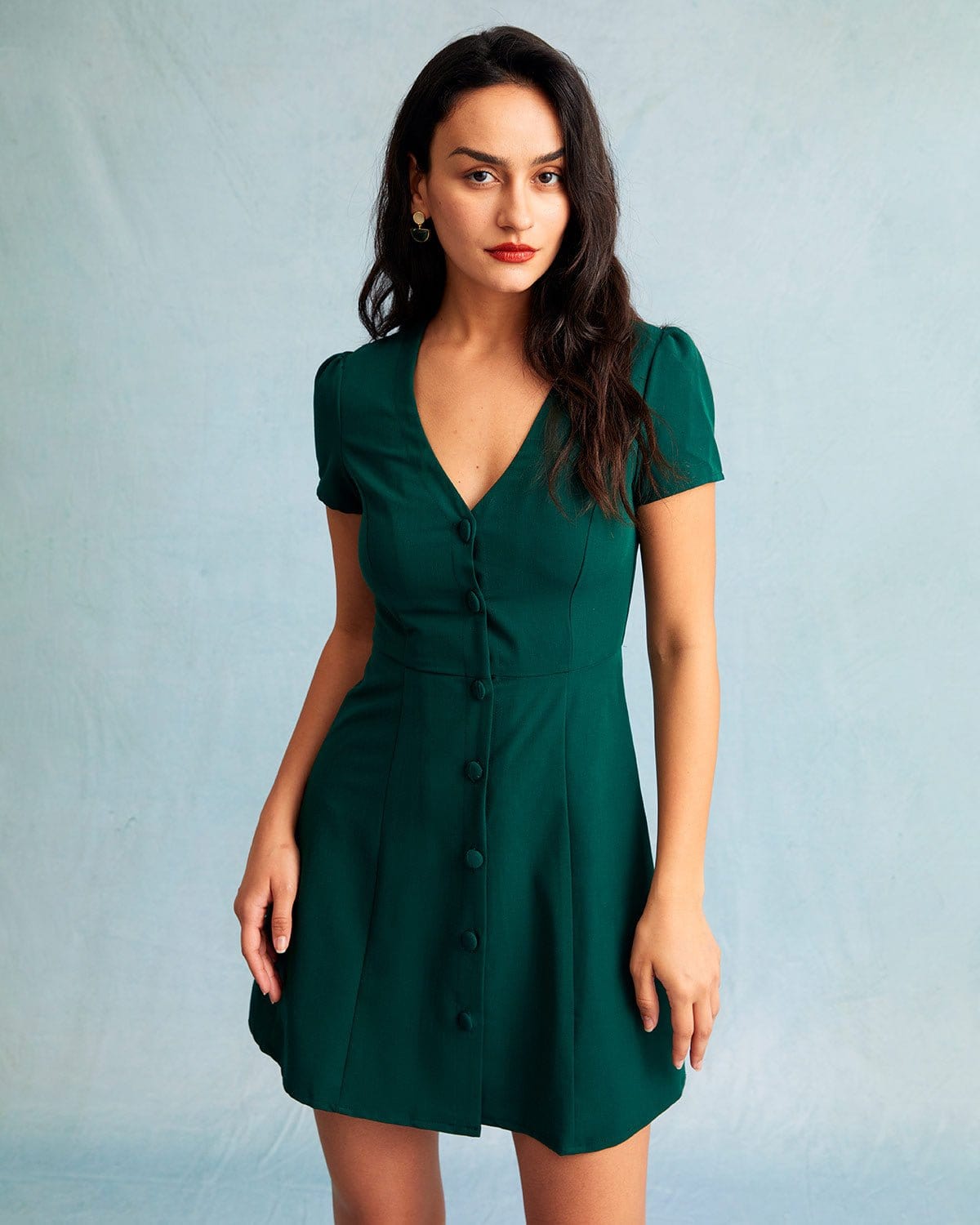 Dark Green V Neck Button Shirt Mini Dress