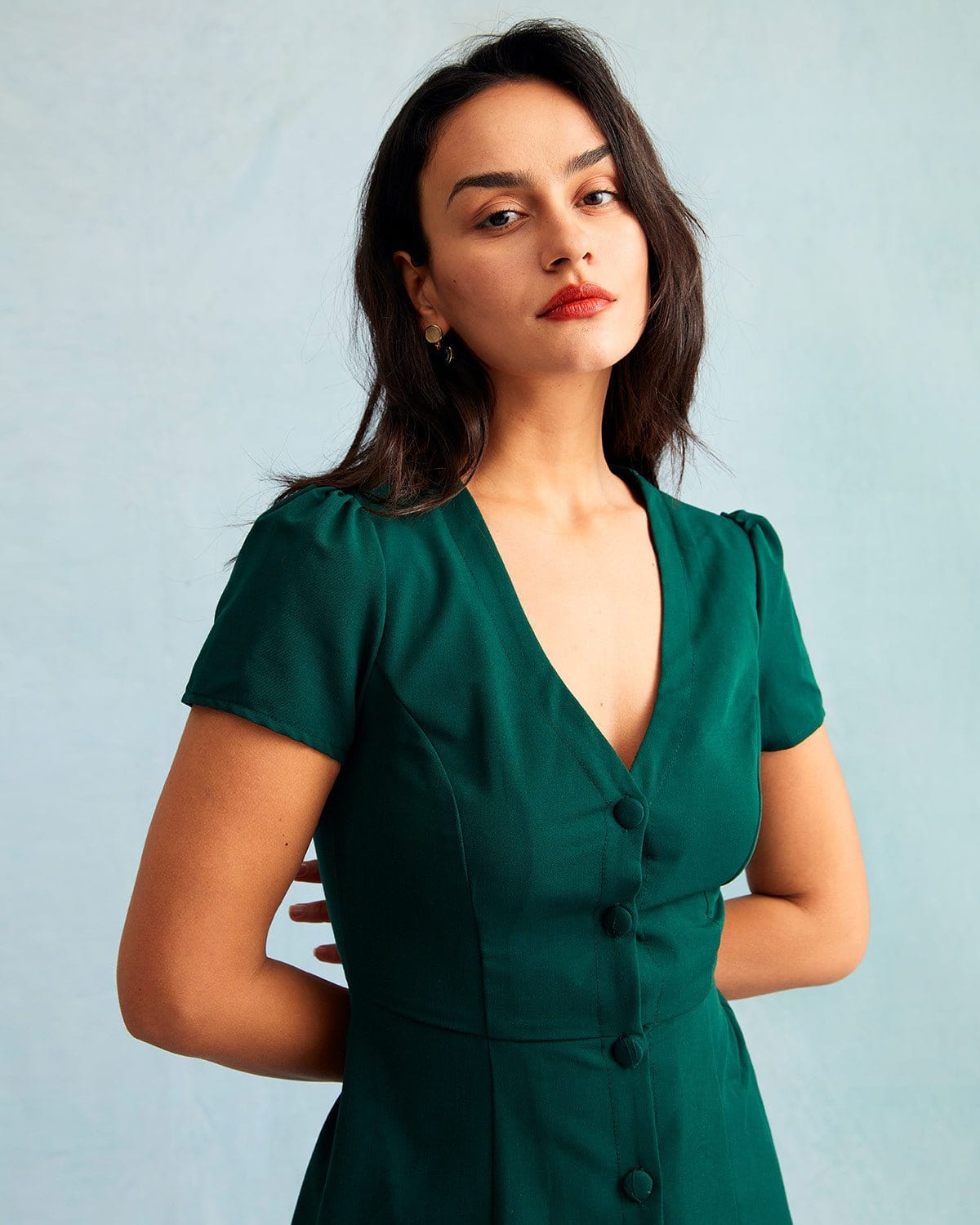 Dark Green V Neck Button Shirt Mini Dress