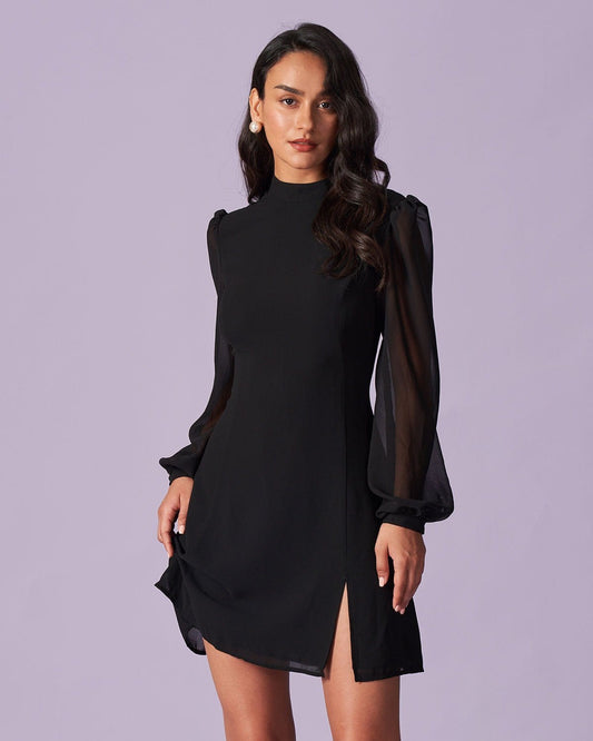 Black Stand Collar Sheer Slit Mini Dress