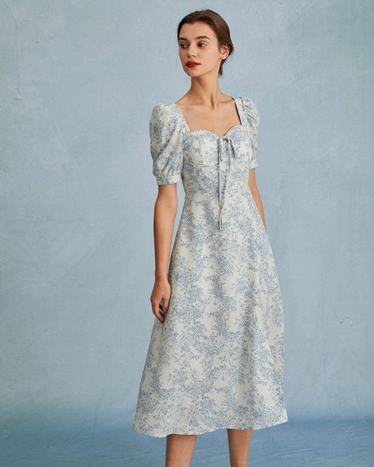 Blue Sweetheart Neck Puff Sleeve Floral Midi Dress
