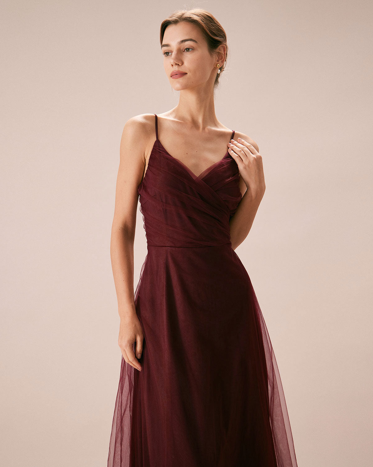 Burgundy V Neck Mesh Wrap Maxi Dress