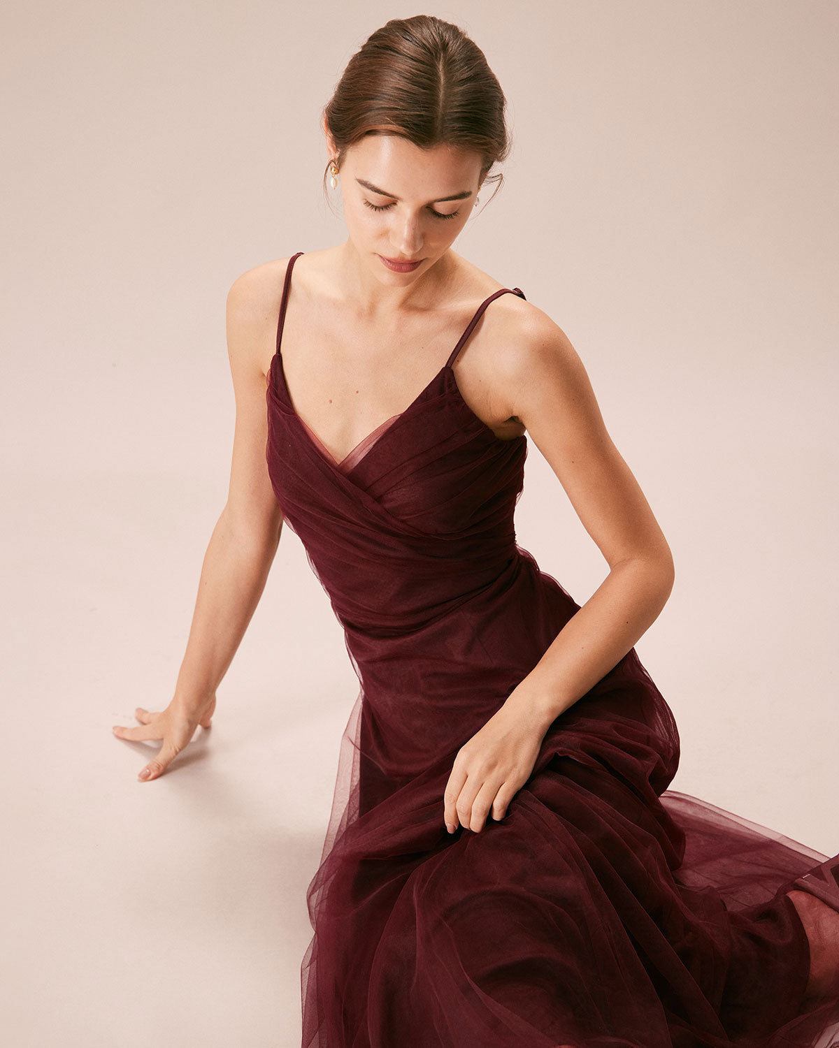 Burgundy V Neck Mesh Wrap Maxi Dress