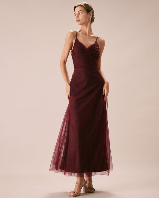 Burgundy V Neck Mesh Wrap Maxi Dress