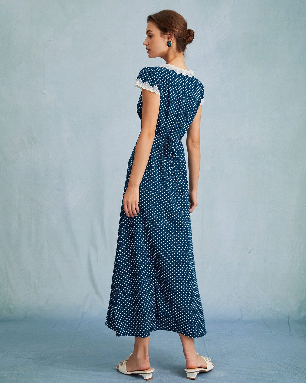 Navy V-Neck Polka Dot Lace Pleated Maxi Dress