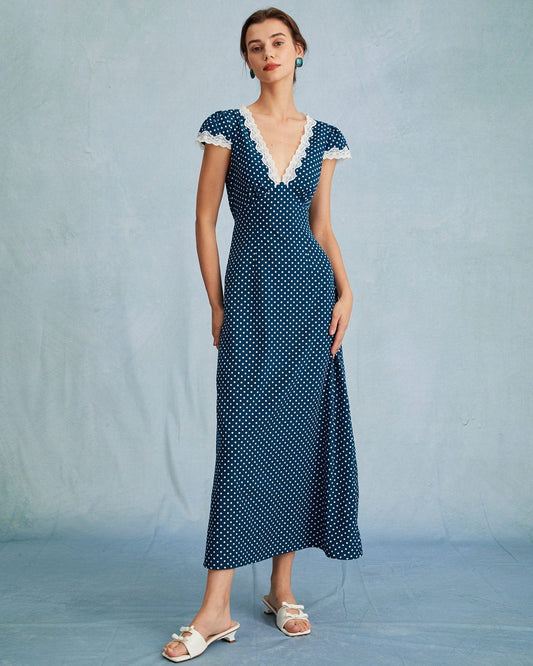 Navy V-Neck Polka Dot Lace Pleated Maxi Dress
