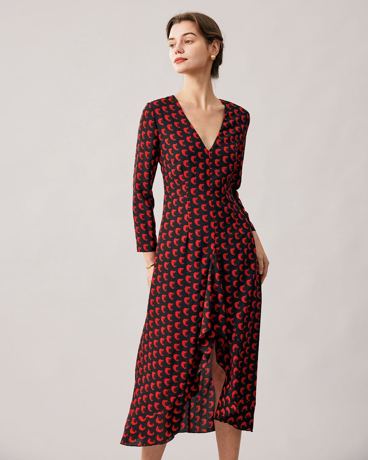 Red V-neck Slit Long Sleeve Midi Dress