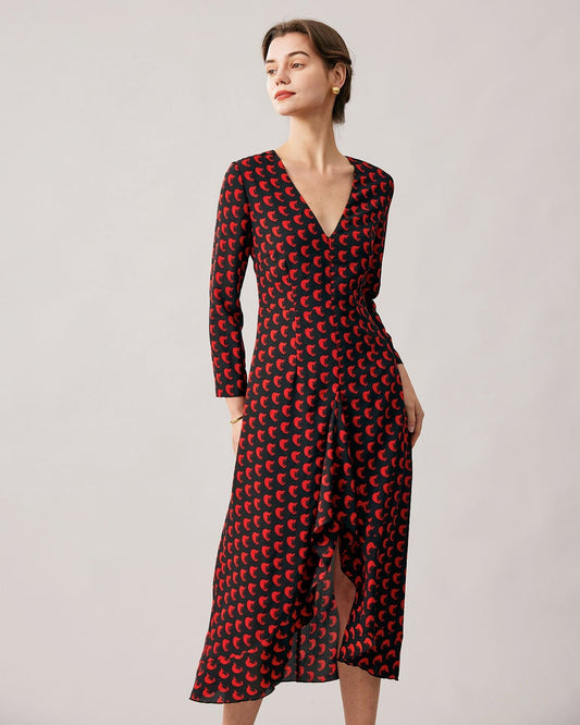 Red V-neck Slit Long Sleeve Midi Dress