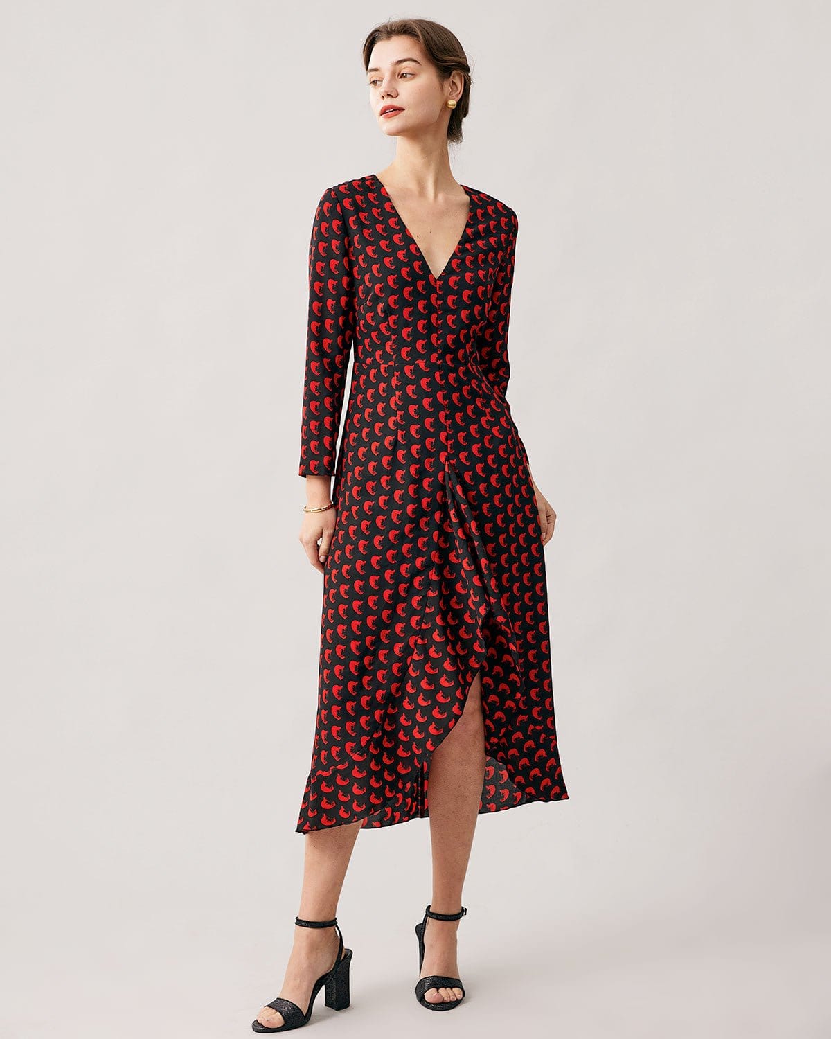 Red V-neck Slit Long Sleeve Midi Dress
